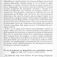 0103 - Page 47 - Société de neurologie de Paris. Séance du 6 juillet 1933. Communications. Un cas de spasme du facial supérieur d'origine encéphalitique. Présentation du malade, par MM. Laignel-Lavastine, Jean Fouquet et Boris Klotz / Un cas de syndrome de Klippel-Feil avec quadriplégie spasmodique, par MM. Guy Laroche et Boris Klotz