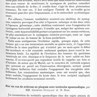 0189 - Page 133 - Société de neurologie de Paris. Séance du 6 juillet 1933. Communications. Hémangiome kystique du quatrième ventricule ; syndrome vestibulo-spinal ; nystagmus de position, par MM. Georges Guillain, M. Aubry, Ivan Bertrand et J. Lereboullet / Sur un cas de sclérose en plaques avec torticolis spasmodique, par MM. Georges Guillain et R. Bize