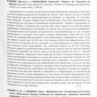 0301 - Page 245 - Analyses. Neurologie. Études spéciales. Cerveau. Ley (Jacques). Contribution à l'étude du ramollissement cérébral envisagée au point de vue de la pathogénie de l'ictus apoplectique. Journal belge de neurologie et de psychiatrie... / Parker (Harry-L.) et Kernohan (James-W.). Sténose de l'aqueduc de Sylvius (Stenosis of the aqueduct of Sylvius). Archives of neurology and psychiatry... / Barré (J.-A.) et Masson (Jean). Hématome non traumatique de la dure-mère. Expression clinique bilatérale de l'hématome unilatéral lentement progressif. Encéphale...