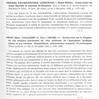 0399 - Page 341 - Analyses. Neurologie. Études générales. Glandes à sécrétion internes et syndromes glandulaires. Houssay (B. A), Biasotti (A.), Di Benedetto (E.) et Rietti (C. T.). Action biabétogène des extraits antéro-hypophysaires chez le chien. Comptes rendus des séances de la Société de biologie... / Abrami, Baumgartner, Lichtwitz et Jean-Weill. Tuberculose du corps thyroïde et maladie de Basedow. Bull. et mém. de la Société médicale des hôpitaux de Paris... / Aron (Max), Caulaert (C. Van) et Stahl (J.). Recherches sur le diagnostic des troubles fonctionnel du lobe antérieur de l'hypophyse (préhypophyse) et sur certains déséquilibres endocriniens auxquels ils participent. Presse médicale... / Desclin (L.). Influence de la lutéinisation provoquée de l'ovaire sur la structure du lobe antérieur de l'hypophyse chez le cobaye. Comptes rendus des séances de la Société de biologie...