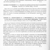 0400 - Page 342 - Analyses. Neurologie. Études générales. Glandes à sécrétion internes et syndromes glandulaires. Desclin (L.). Influence de la lutéinisation provoquée de l'ovaire sur la structure du lobe antérieur de l'hypophyse chez le cobaye. Comptes rendus des séances de la Société de biologie... / Laignel-Lavastine et Katchoura (W.). Acrocyanose, insuffisance polyglandulaire à prédominance surréno-hypophysaire, tuberculose osseuse ancienne chez une hérédo-syphilitique probable. Bull. et mém. de la Société médicale des hôpitaux de Paris... / Mussio-Fournier (I. C.). Troubles du système nerveux dans le myxoedème. Encéphale... / Girard (A.), Sandulesco (G.) et Fridenson (A.). Sur l'absorption par la voie buccale de la folliculine et de son dérivé dihydrogéné. Comptes rendus des séances de la Société de biologie...