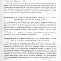 0401 - Page 343 - Analyses. Neurologie. Études spéciales. Épilepsie. De Gennes (L.). Le traitement de l'état de mal épileptique par l'acétylcholine. Bull. et mém. de la Société médicale des hôpitaux de Paris... / Weingrow (S. M.). Poids de 136 épileptiques essentiels, in J. of nervous and mental Dis... / Menninger (K. A.) et Menninger (W. C.), in J. of nerv. and ment. Dis... / Urechia (C. I.). Epilepsie cardiaque chez un sujet atteint de cardiopathie valvulaire. Bull. et mém. de la Société médicale des hôpitaux de Paris...