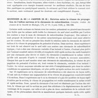 0410 - Page 352 - Analyses. Neurologie. Études spéciales. Électrologie. Delherm (Louis) et Nilus (François). Le traitement électroradiologique de la sciatique. Paris médical... / Monnier (A.-M.) et Jasper (H.-H.). Relation entre la vitesse de propagation de l'influx nerveux et la chronaxie de subordination. Comptes rendus des séances de la Société de biologie... / Bourguignon (Georges). Double point et double chronaxie du vaste externe du triceps brachial et de l'abducteur du gros orteil de l'homme. Comptes rendus des séances de la Société de biologie...