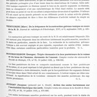 0413 - Page 355 - Analyses. Neurologie. Études spéciales. Électrologie. Rijlant (Pierre). Etude chez l'homme du tonus musculaire à l'aide de l'oscillogramme cathodique. Comptes rendus des séances de la Société de biologie... / Venturini (Marc). De la fréquence de la contraction galvano-tonique au cours de la R. D. Journal de radiologie et d'électrologie... / Bourguignon (Georges). Triple chronaxie à la face postérieure de la cuisse et du bras de l'homme, chronaxie de l'anconé. Comptes rendus des séances de la Société de biologie... / Audiat (Jacques) (présenté par A. Strohl). Action des ondes hertziennes sur l'excitabilité électrique des nerfs. Comptes rendus des séances de la Société de biologie...
