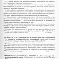 0415 - Page 357 - Analyses. Neurologie. Études spéciales. Électrologie. Dragomiresco (G.). Cercetari asupra modificarilor calcemiei subacti unea razelor ultraviolete. Thèse Bucarest... 1932 (faite dans le service du Dr Paulian) / Lapicque (L. et M.). Expériences sur les muscles lents, pour l'interprétation des mesures de chronaxie dans l'eau physiologique. Comptes rendus des séances de la Société de biologie... / Santenoise (D.), Bonnet (V.) et Richard (A.). Etude électro-physiologique du réflexe de Hering. Comptes rendus des séances de la Société de biologie...