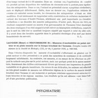 0416 - Page 358 - Analyses. Neurologie. Études spéciales. Électrologie. Rudeanu (A.) et Bonvallet (Marthe). Rôle du cervelet dans la régulation des chronaxies motrices périphériques. Relation avec la coordination. Comptes rendus des séances de la Société de biologie... / Laugier (Henri) et Neoussikine (B.). Mesures d'excitabilité au point moteur et en plein muscle sur le biceps brachial de l'homme. Comptes rendus des séances de la Société de biologie... / Psychiatrie. Études générales. Urechia (C. L.) et Retezeanu (Mme). Le brome sanguin dans les psychoses maniaco-dépressives. Comptes rendus des séances de la Société de biologie...