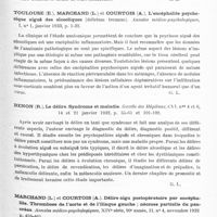 0417 - Page 359 - Analyses. Psychiatrie. Études générales. Urechia (C. L.) et Retezeanu (Mme). Le brome sanguin dans les psychoses maniaco-dépressives. Comptes rendus des séances de la Société de biologie... / Toulouse (E.), Marchand (L.) et Courtois (A.). L'encéphalite psychosique aiguë des alcooliques (delirium tremens). Annales médico-psychologiques... / Benon (R.). Le délire. Syndrome et maladie. Gazette des hôpitaux... / Marchand (L.) et Courtois (A.). Délire aigu postopératoire par encéphalite. Thrombose de l'aorte et de l'iliaque gauche ; nécrose partielle du pancréas. Annales médico-psychologiques...