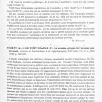 0589 - Page 531 - Analyses. Psychiatrie. Thérapeutique. Dragos Niculescu (J.) Contribution à l'étude de la malariathérapie (Contributiuni la studiul malarioterapies) (statistique, 1925-1932 inclus). Thèse (service neurologique du Dr D. Paulian, Hôpital central, Bucarest, 1932) / Sézary (A.) et De Font-Réaulx (P.). La névrite optique de l'arsenic pentavalent. Annales de dermatologie et de syphiligraphie... / Mercier (Fernand) et Delphaut (J.). Influence de la rachianesthésie sur la bradycardie adrénalinique. Comptes rendus des séances de la Société de biologie...