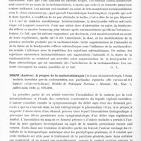 0590 - Page 532 - Analyses. Psychiatrie. Thérapeutique. Mercier (Fernand) et Delphaut (J.). Influence de la rachianesthésie sur la bradycardie adrénalinique. Comptes rendus des séances de la Société de biologie... / Mari (Andrea). A propos de la malariathérapie (In tema di malarioterapia ? Sulla malaria inoculata pervia endorachidea con particolae riguardo alle variazioni del liquido cefalo-rachidiano) Rivista di Patologia Nervosa e Mentale... / Artwinski, Bertrand et Chlopicki. Sur un cas de méningite tuberculeuse circonscrite opérée avec succès. Neurologja Polska...