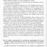 0724 - Page 666 - Société de neurologie de Paris. Séance du 16 novembre 1933. Communications. Ataxie cérébelleuse aiguë à rechutes, par MM. B. Pommé, H. Coumel et J. Lacroix (présentés par M. Fribourg-Blanc) / Sur la lésion responsable du syndrome myoclonique du tronc cérébral. Etude anatomique d'un cas démonstratif sans lésions focales, par MM. Georges Guillain, P. Mollaret et I. Bertrand