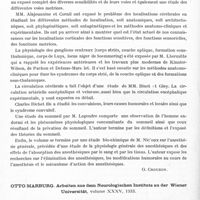 0770 - Page 712 - Analyses. Neurologie. Études générales. Bibliographie. Traité de physiologie normale et pathologique, publié sous la direction du Pr Roger (G.-H.) et du Pr Binet (Léon), tome IX. Système nerveux, 1re partie, par MM. Alajouanine, Bertrand, Binet (Léon), Bohn, Cardot, Cornil, Couvreur, Gley, Laugier, Legendre, Lévy-Valensi, Lhermitte, Nicloux, Richet fils et Verne (J.). Masson et Compagnie, éditeurs... / Otto Marburg. Arbeiten aus dem Neurologischen Institute au der Wiener Universität..., 1933