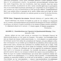 0790 - Page 732 - Analyses. Neurologie. Études générales. Sémiologie. Euzière et Pagès. Considérations sur un cas de pellagre associé à un syndrome parkinsonien. Sud médical et chirurgical... / Bourde (Yves) et Gary (Roger). Accidents nerveux comparables succédant les uns à la rachianesthésie, les autres à l'anesthésie générale. Pathologie de ces accidents. Archives de médecine générale et coloniale... / Piéri (Jean). Diagnostic des ataxies. Marseille médical... / Alliez (J.). Considérations sur l'épreuve de Queckenstedt-Stookey. Thèse Marseille, 1933