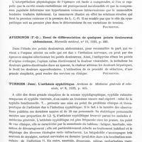0791 - Page 733 - Analyses. Neurologie. Études générales. Sémiologie. Alliez (J.). Considérations sur l'épreuve de Queckenstedt-Stookey. Thèse Marseille, 1933 / Avierinos (F.-G.). Essai de différenciation de quelques points douloureux abdominaux. Marseille médical... / Turries (Jean). L'asthénie syphilitique. Archives de médecine générale et coloniale...