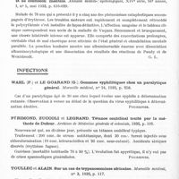 0792 - Page 734 - Analyses. Neurologie. Études générales. Sémiologie. Schiff (Paul) et Simon (René). Erythrémie avec accès de cataplexie, de chorée et de confusion mentale. Annales médico-psychologiques... / Infections. Wahl (P.) et Le Goarand (G.). Gommes syphilitiques chez un paralytique général. Marseille médical... / Périmond, Zuccoli et Legrand. Tétanos ombilical traité par la méthode de Dufour. Archives de médecine générale et coloniale... / Toullec et Alain. Sur un cas de trypanosomiase africaine. Marseille médical...