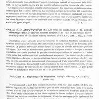 0971 - Page 913 - Analyses. Neurologie. Études générales. Physiologie. Le Gros Clark (W. E.) et Boggon (R. H.). Connexions des groupes cellulaires médians du thalamus (On the connections of the medical cell groups of the thalamus). Brain... / Golla (F.) et Antonovitch (S.). Les voies de conduction et la période réfractaire dans le neurone sensitif humain (The rate of conduction and refractory peniod of the human sensory neurone). Brain... / Duguet (J.). Physiologie du trijumeau. Biologie médicale...