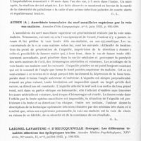 0986 - Page 928 - Analyses. Thérapeutique. Lebourdelles (B.) et Fribourg-Blanc (A.). Malaria-floculation et malariathérapie. Bull. et mém. de la Société médicale des hôpitaux... / Aubin (A.). Anesthésie tronculaire du nerf maxillaire supérieur par la voie sus-malaire. Annales d'oto-laryngologie... / Laignel-Lavastine et D'Heucqueville (Georges). Les différentes tonalités affectives des épileptiques traités. Annales médico-psychologiques...