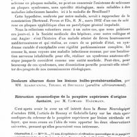 0128 - Page 68 - Société de neurologie de Paris. Séance du 10 janvier 1935. Communications. Sclérose en plaques et rhumatisme, par M. Paul Cossa / Douleurs alternes dans les lésions bulbo-protubérantielles, par MM. Alajouanine, Thurel et Brunelli / Rétraction spasmodique de la paupière supérieure d'origine dentaire, par M. Edward Hartmann