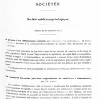 0149 - Page 89 - Sociétés. Société médico-psychologique. Séance du 26 novembre 1934. A propos d'un internement contesté, par Crouzon, Faure-Beaulieu et Genil Perrin. Réponse à communication d'Heuyer de janvier 1934. Discussion du cas clinique / De quelques formules peut-être imprudentes de certificats d'internement, par Th. Simon / Schizophrénie et ictère, par H. Baruk et Cornu