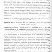 0170 - Page 110 - Analyses. Neurologie. Études générales. Intoxications. Abel et Kissel. Intoxication par le gardénal. Rev. méd. de l'Est... / Canavan (Myrtelle-M.), Cobb (Stanley) et Drinker (Cecil K.). Intoxication chronique par le manganèse (Chronic manganese poisoning). Archives of Neurology and Psychiatry...
