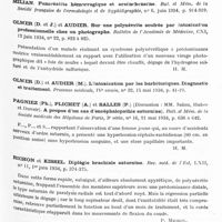 0173 - Page 113 - Analyses. Neurologie. Études générales. Intoxications. Cohen (Louis H.) et Gildea (Adwin F.). Manifestations physiologiques d'une intoxication phénobarbiturique épisodique (Physiologic manifestations of episodic phenobarbital intoxication). Archives of Neurol. and Psychiatry... / Olmer (D. et J.) et Audier. Sur une polynévrite soufrée par intoxication professionnelle chez un photographe. Bulletin de l'Académie de médecine... / Pagniez (Ph.), Plichet (A.) et Salles (P.) (Discussion : MM. Julien, Huber et Duvoir). A propos d'un cas d'encéphalopathie saturnine). Bull. et mém. de la Société médicale des hôpitaux de Paris... / Richon et Kissel. Diplégie brachiale saturnine. Rev. méd. de l'Est... / Schmite (Paul) et Lemant. Intoxication par les barbituriques. Paris médical...