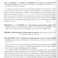 0178 - Page 118 - Analyses. Neurologie. Études générales. Cerveau (Lésions). Kennard (M. A.) et Watts (J. W.). Conséquences de la section du corps calleux sur les possibilités motrices du singe. J. f. nerv. and mental. Lis... / Ley (J.), Titeca (J.), Divry (P.), Moreau (M.). Atrophie de Pick. Étude anatomo-clinique. Journal belge de neurologie et de psychiatrie... / Van Bogaert (Ludo). Syndrome extrapyramidal au cours d'une maladie de Pick. Journal belge de neurologie et de psychiatrie...