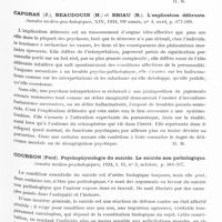 0191 - Page 131 - Analyses. Neurologie. Études générales. Généralités psychiatriques. Cahane (Mares). Sur la teneur en cholestérol de la substance grise et de la substance blanche du cerveau dans certaines psychoses. Annales médico-psychologiques... / Capgras (J.), Beaudouin (H.) et Briau (R.). L'explication délirante. Annales médico-psychologiques... / Courbon (Paul). Psychophysiologie du suicide. Le suicide non pathologique. Annales médico-psychologiques...