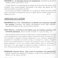 0200 - Page 140 - Analyses. Neurologie. Études générales. Démence précoce. Rodiet, Nevot (A.) et Maillefer (J.). Recherche du bacille de Koch, par Hémoculture sur milieu de Loewenstein, dans le sang de dix-huit déments précoces. Comptes rendus hebdomadaires de la Société de biologie... / Wintsch (J.). Le dépistage précoce des oligophrènes. Zeitschrift für Kinderpsychiatrie... / Assistance aux aliénés. Dide (Maurice). L'assistance doit différer pour les maladies mentales et les infirmités psychiques. Hygiène mentale...