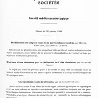 0513 - Page 453 - Sociétés. Société médico-psychologique. Séance du 28 janvier 1935. Modification du sang au cours de la pyrétothérapie souffrée, par Hamel, Chavarot, Lalanne et Dumont / Guérison d'une obsession par la réalisation de l'idée obsédante, par Heuyer et Nacht / Une pédiémie locale de névraxite, par le Guillant et Loo / Démence précoce post-traumatique, par le Guillant et Mareschal