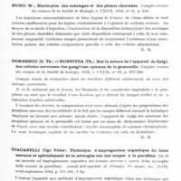 0529 - Page 469 - Analyses. Neurologie. Études générales. Anatomie pathologique. Brzezicki (E.). Vaso et capillaro-architectonie du striopallidum et son importance pour la pathogénie des hémorragies cérébrales (Vaso i kapilaroarchitektonika striopallidum i jej znaczenie dla patogenezy udaru mozgowego). Neurologia polska... / Bruno (W.). Histiocytes des méninges et des plexus choroïdes. Comptes rendus des séances de la Société de biologie... / Dornesco (G. Th.) et Buznitza (Th.). Sur la nature de l'appareil de Golgi, des cellules nerveuses des ganglions spinaux de la grenouille. Comptes rendus des séances de la Société de biologie... / Giacanelli (Ugo Vittor). Technique d'imprégnation argentique du tissu nerveux et spécialement de la névroglie sur des coupes à la paraffine (Su di un metodo ad impregnazione argentica del tessuto nervose e specie della nevroglia nelle sezioni in paraffina). Annali dell'ospedale di Perugia... / Guillain (G.), Bertrand (I.) et Mollaret (P.). Dégénérescence pallido-olivaire dans un cas de maladie de Pick. Comptes rendus de la Société de biologie...