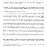 0540 - Page 480 - Analyses. Neurologie. Études générales. Physiologie. Divry et Evrard. Recherches sur certaines substances antagonistes de la bulbocapnine. Journal belge de neurologie et de psychiatrie... / Dusser de Barenne (J. G.). Origine des réactions motrices provoquées par l'excitation électrique du cortex cérébral (Origin of motor reactions produced by elecrical stimulation of the cerebral cortex). Archives of Neurology and Psychiatry... / Estable (Clément). Exploration des lobules optiques avec les électrodes permanentes. Comptes rendus des séances de la Société de biologie...