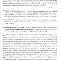 0545 - Page 485 - Analyses. Neurologie. Études générales. Physiologie. Nitzesco (I. I.) et Rudeanu (A.). Action de l'insuline sur les chronaxies motrices. Comptes rendus des séances de la Société de biologie... / Papilian (Victor), Spataru (Titu) et Preda (Victor). Sur l'action hypertensive de l'atropine et de la pilocarpine. Comptes rendus des séances de la Société de biologie... / Pasteur Vallery-Radot, Mauric (G.) et Hugo (A.). Étude de la protection contre le choc anaphylactique réalisée par voie intraveineuse chez le lapin sensibilisé au sérum quantité minima de sérum nécessaire pour déclencher un choc anaphylactique chez le lapin sensibilisé et pour le protéger vis-à-vis d'un second choc. Comptes rendus des séances de la Société de biologie...