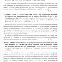 0547 - Page 487 - Analyses. Neurologie. Études générales. Physiologie. Piolti (Mario) et Visintini (Fabio). Étude chronaxique de la fatigue musculaire (Ricerche cronassimetriche sulla fatica muscolare). Rivista di Neurologia... / Pommé (B.) et Duguet (J.). Physiologie du nef grand hypoglosse. Gazette des hôpitaux... / Putnam (Tracy J.) et Ask-Upmark (Erick). La circulation cérébrale. 29 observations microscopiques sur le plexus choroïdien vivant et sur l'épendyme du chat (The cerebral circulation. 29 microscopic observations of the living choroid plexus and ependyma of the cat). Archives of Neurology and Psychiatry... / Rivela Greco. Action élective de quelques composés mercuriels sur les système nerveux. III. Lésions des plexus choroïdes chez les animaux traités par le diéthyl-mercure par voie sous-cutanée (Azione elettiva di alcuni composti mercuriali sul sistema nervo o). Rivista di Neurologia... / Rouvière (H.) et Valette (G.). Rôle des nerfs dans la sécrétion de l'intestin grêle. Bull. de l'Académie de médecine...