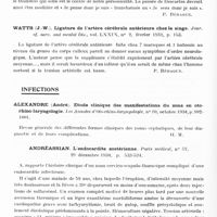 0550 - Page 490 - Analyses. Neurologie. Études générales. Physiologie. Ugurgieri (C.). Compression expérimentale du système nerveux central (Compressioni sperimentali del sistema nervoso centrale). Rivista di Neurologia... / Vercellini (G.). Quelques remarques sur les fonctions cérébrales. Jour. of. nerv. and ment. Dis... / Watts (J.-W.). Ligature de l'artère cérébrale antérieure chez le singe. Journ. of. nerv. and mental Dis... / Infections. Alexandre (André). Étude clinique des manifestations du zona en oto-rhino-laryngologie. Les annales d'oto-rhino-laryngologie... / Andréassian. L'endocardite zostérienne. Paris médical...
