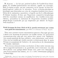 0612 - Page 553 - Société de neurologie de Paris. Séance du 4 avril 1935. Communications. Essais de chirurgie physiologique dans le traitement du parkinsonisme, par M. P. Delmas-Marsalet / Arrêt brusque du bras droit et de la parole survenant par crises sans perte de connaissance, par MM. J.-A. Barré et Marc Klein