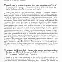 0650 - Page 591 - Société de neurologie de Varsovie. Séance du 21 juin 1934. Un cas de spasme de torsion, par M. J. Pinczewski (du service des maladies nerveuses à l'hôpital Czysle à Varsovie. Chef du service : Docent Dr W. Sterling) / Un syndrome hypercinétique singulier chez un enfant, par MM. W. Sterling et E. Herman (Service neurologique à l'hôpital Czyste, Varsovie. Chef du service : W. Sterling...) / Syndrome de Klippel-Feil. Liquorrhée nasale posttraumatique tardive, par MM. L. E. Bregman et A. Potok (Service neurologique du Dr Bregman à l'hôpital Czysle, Varsovie)