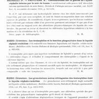 0691 - Page 632 - Analyses. Neurologie. Études générales. Liquide céphalo-rachidien. Pacifico (Arturo). Des modifications de la pression rachidienne consécutives à la ponction lombaire. Renseignements fournis par l'étude du pouls cérébral (Sulle modificazioni della pressione rachidea successive a puntura lombare. Indicazioni fornite dall' esame del polso cerebrale). Rassegna di Studi Psichiatrici... / Redaelli (P.) et Privitera (A.). Considérations sur la genèse de l'hydrocéphalie interne par le noir de fumée (Considerazioni sulla genesi dell' idrocefalo interne sperimentale da nero fumo). Rivista di Patologia nervosa e mentale... / Rizzo (Cristoforo). Les éosinophiles et la fonction phagocytaire dans le liquide céphalo-rachidien (Gli eosinofili con funzione fagocitaria nel liquido cefalo-rachidiano). Bollettino della Societa Italiana di Biologia sperimentale... / Rizzo (Cristoforo). Les granulations noires réfringentes des éosinophiles dans le liquide céphalo-rachidien (Le granulazioni nero-refrangenti degli cosinofili nel liquido cefalo-rachidiano). Bollettino della Societa Italiana di Biologia sperimentale... / Rizzo (Cristoforo). A propos de l'éosinophilorachie provoquée (In tema di eosinofililorachia profocata). Bollettino della Societa Italiana di Biologia sperimentale...