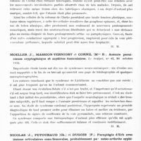 0695 - Page 636 - Analyses. Neurologie. Études générales. Moelle. Michon et Collot. Paralysie aiguë descendante régressive. Rev. méd. de l'Est... / Minea (I.). Fibres nerveuses néoformées dans la moelle tabétique. Comptes rendus de la Société de biologie... / Moeller (J.), Massion-Verniory et Cornil (Mlle B.). Anémie pernicieuse cryptogénique et myélites funiculaires. Le Scalpel... / Nicolas (J.), Petouraud (Ch.) et Dugois (P.). Paraplégie d'Erb avec lésions articulaires coxo-fémorales, probablement par ostéo-arthrite syphilitique. Bulletin de la Société de dermatologie et syphiligraphie...