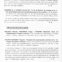 0697 - Page 638 - Analyses. Neurologie. Études générales. Moelle. Touraine (A.) et Renault (P.). Cancers successifs chez un tabétique. Bull. de la soc. de dermatologie et de syphiligraphie... / Vampre (E.) et Longo (Paulino W.). La loi de Bastian. Sa critique et sa valeur pronostique dans les traumatismes graves de la moelle (A lei de Bastian. Sua Critica e seu valor prognostico em face dos traumatismos graves da medulla). Rivista de Neurologia e Psychiatria de Sao Paulo... / Organes des sens (Oeil). Filippi-Gabardi (Eugenio). Paralysie des mouvements associés de la verticalité des globes oculaires (Paralisi dei movimenti associati vertical dei globi oculari). Rivista oto-neuro-oftalmologia e radio-neuro-chirurgica... / Magitot. Les rétinites de l'hypertension artérielle. Rev. méd. de l'Est...