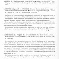 0713 - Page 654 - Analyses. Thérapeutique. Guiraud et Ajuriaguerra. Considérations critiques sur l'action de la malaria dans la paralysie générale. Paris médical... / Leibovici (Raymond) et Stricker (Pierre). La surrénalectomie dans le traitement de l'artérite oblitérante. Rapport au Congrès de chirurgie. Journal de chirurgie... / Marinesco (G.), Façon (E.) et Vasilesco (N.). Contribution à l'étude du traitement de la myasthénie. Gazette des hôpitaux... / Martimor (E.) et Brzezinski (J.). Essais thérapeutiques inspirés par la constatation de l'acidose et de la rétention chlorée dans divers syndromes mentaux. Annales médico-psychologiques...