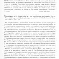 0826 - Page 767 - Analyses. Neurologie. Études générales. Bibliographie. Muskens (L. J. J.). Le système supra-vestibulaire des animaux et de l'homme avec des considérations particulières sur la clinique des paralysies du regard, de la soi-disant ataxie du tronc cérébral, des positions forcées et des mouvements forcés (Das Supra-vestibuläre System bei den Tieren und beim Menschen, mit besonderer Berücksichtigung der Klinik der Blicklähmungen, der sogen. Stirnhirnataxie, der Zwangestellungen und der Swangsbewegungen)..., Noord-Hollandesche Uitgeversmaatschappij, Amsterdam, 1935 / Marchand (L.) et Courtois (A.). Les encéphalites psychosiques... Préface du Dr E. Toulouse. Le François, éditeur, Paris, 1935