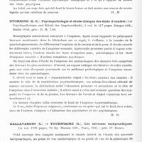 0829 - Page 770 - Analyses. Neurologie. Études générales. Bibliographie. Goldstein (Kurt). La construction de l'organisme. Introduction à la biologie avec considérations particulières sur l'individu malade (Der Aufbau des Organismus. Einflüfrung in die Biologie unter besonderer Berücksichtigung der Erfahrungen am kranken Menschen)..., Martinus Nijhoff édit., La Haye, 1934... / Storring (G. E.). Psychopathologie et étude clinique des états d'anxiété (Zur Psychipathologie und Klinik der Angstzustände)... Karger édit., Berlin 1934... / Gallavardin (L.) et Tourniaire (A.). Les névroses tachycardiques... Masson édit., Paris, 1935...