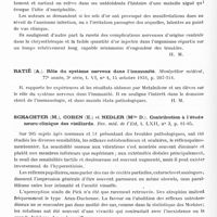 0835 - Page 776 - Analyses. Neurologie. Études générales. Généralités neurologiques. Radovici, Schachter et Popovici. Accidents nerveux de la chrysothérapie ; tic facial avec blépharospasme après chrysothérapie. Paris médical... / Ratié (A.). Rôle du système nerveux dans l'immunité. Montpellier médical... / Schachter (M.), Cohen (E.) et Nedler (Mlle D.). Contribution à l'étude neuro-clinique des vieillards. Rev. méd. de l'Est...