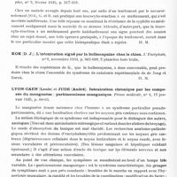 0837 - Page 778 - Analyses. Neurologie. Études générales. Généralités neurologiques. Chavany (J. A.). Le barbiturisme aigu, toxicose neuro-végétative. Presse médicale... / Gouin (J.) et Bienvenue (A.). Cécité postnovarsénobenzolique. Conclusions pratiques. Bulletins de la Société française de dermatologie et syphiligraphie... / Kok (D. J.). L'intoxication aiguë par la bulbocapnine chez le chien. L'Encéphale... / Lyon-Caen (Louis) et Jude (André). Intoxication chornique par les composés du manganèse : parkinsonisme manganique. Présse médicale...