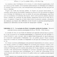 0847 - Page 788 - Analyses. Neurologie. Études spéciales. Cerveau (Lésions). Roger (H.). Quelques réflexions sur les spasmes vasculaires cérébraux, les crises de paresthésie brachio-facio-linguales à type ascendant. Marseille médical... / Silveira (A.). Syndrome du lobe frontal (Syndromo de lobo frontal). Sâo Paulo Medico... / Urechia (C. I.). La maladie de Pick. L'atrophie cérébrale localisée. Miscarea medicala romana... / Zito (E.). Sur la valeur du réflexe de préhension (Janicewsky) pour la localisation des lésions des lobes frontaux (Sul valore del riflesso di prensione (Janivewsky) per la localizzazione delle lesioni dei lobi frontali. Contributo clinico e anatomo-patologico). Il Policlinico...