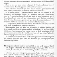 0963 - Page 904 - Société de neurologie de Paris. Séance du 6 juin 1935. Communications. Paralysie scapulaire consécutive à une injection de sérum anti-tétanique, par MM. L. Lhermitte, Cliquet et Gauthier / Méningiome olfactif extirpé en totalité en un seul temps. Guérison. Aspect atypique des ventriculogrammes, par MM. Marcel David, G. Renard, P. de Font-Réaulx et H. Lenshoek