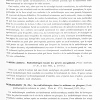 0401 - Page 345 - Analyses. Thérapeutique. Radiothérapie. Hagueneau (J.), Gally (L.) et Lichtenberg (D.). Sur le traitement radiothérapique des algies. Presse médicale... / Marin (Albéric). Radiothérapie locale du prurit ano-génital. Presse médicale... / Mihailescu (N. Ch.). La radiothérapie dans la sclérose en plaques (Rontgentherapia in scleroza in placi, Thèse..., Bucarest, 1931...