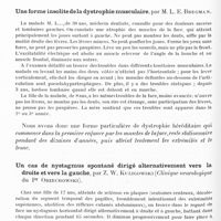 0450 - Page 394 - Société de neurologie de Varsovie. Séance du 31 janvier 1935. Paralysies des nerfs faciaux, syndrome dysléthargique et symptômes alternatifs au cours de l'encéphalomyélite disséminée (Service neurologique de l'Hôpital Czyste à Varsovie, Médecin en Chef, Sterling...), par MM. W. Sterling, M. Dr Wolff et W. Stein / Une forme insolite de la dystrophie musculaire, par M. L. E. Bregman / Un cas de nystagmus spontané dirigé alternativement vers la droite et vers la gauche, par Z. W. Kuligowski (Clinique neurologique du Pr Orzechowski)