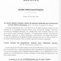 0466 - Page 410 - Sociétés. Société médico-psychologique. Séance du 24 juin 1935. Le liquide céphalo-rachidien, témoin de maladies cérébrales qui conditionnent certains délires chroniques, par L. Courtois et André P.-L. Beley / L'index tyrosine des polypeptides sériques dans l'aliénation mentale, par Th. Simon, Roux et Goiffon / A propos d'un cas d'exhibitionnisme pur du type Lasègue : les exhibitionnismes par carence sexuelle, par Jean Picard