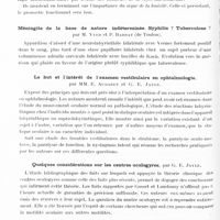 0468 - Page 412 - Sociétés. Société d'oto-neuro-ophtalmologie du Sud-Est. Séance du 16 juin 1935. A propos d'un zona ophtalmique d'origine traumatique, par A. Barraux, J. Assale et M. Bastouil / A propos des paralysies faciales, par MM. Brémond et A. Appaix / Méningite de la base de nature indéterminée. Syphilis ? Tuberculose ? Par M. Yver et P. Barrat... / Le but et l'intérêt de l'examen vestibulaire en ophtalmologie, par MM. E. Aubaret et G. E. Jayle / Quelques considérations sur les centres oculogyres, par G. E. Jayle / Amblyopie hystérique, par Jean-Sedan