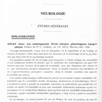 0470 - Page 414 - Analyses. Neurologie. Études générales. Bibliographie. Delay (Jean). Les astéréognosies. Etude clinique, physiologique, topographique. Préface du Pr G. Guillain..., Masson, édit., 1935